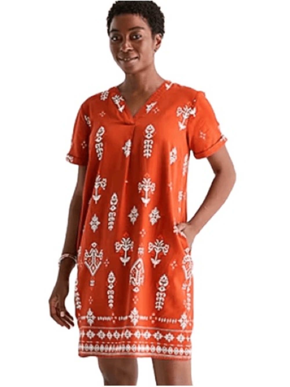 St. John's Bay Rust Orange V-Neck Printed Shift Dress